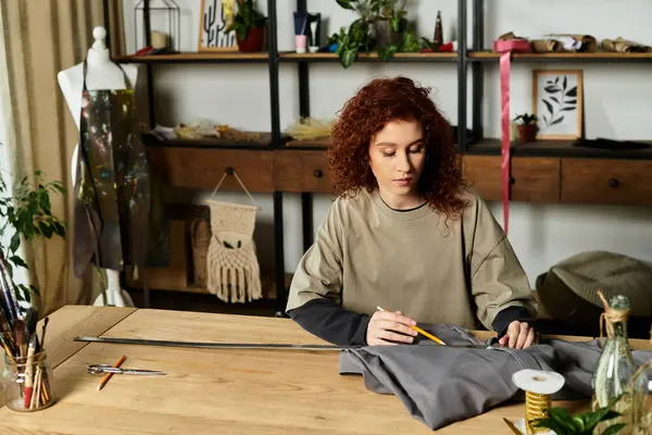 Jeune femme axée sur un projet de bricolage, combinant créativité et habileté dans son espace artisanal moderne. — Photo de stock