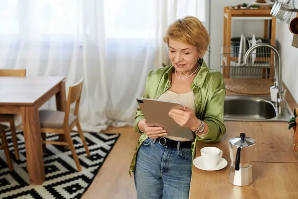 Mujer mayor con el pelo corto disfruta del café y utiliza una tableta en su elegante cocina. - foto de stock