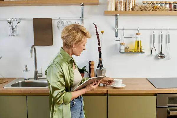 A beautiful mature woman relaxes with a cup of tea, immersed in her reading in a stylish kitchen. — Stock Photo