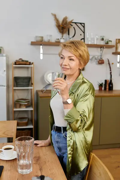 A senior woman enjoys a cool drink in her warm kitchen, filled with soft natural light. — Stock Photo