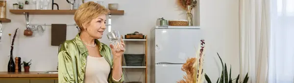 A mature woman enjoys a moment with a glass of water in her stylish, plant filled kitchen. — Stock Photo