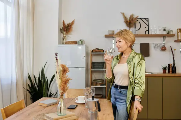 Warm kitchen with a lovely senior woman enjoying her drink at the table. — Stock Photo
