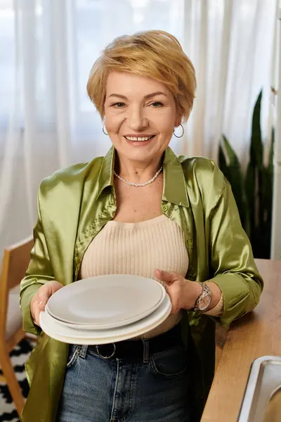 Una bella donna anziana sorride calorosamente mentre tiene i piatti in una cucina luminosa e allegra. — Foto stock