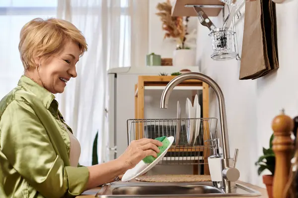 Sonnenlicht erfüllt die fröhliche Küche, während eine Seniorin fröhlich Geschirr spült. — Stockfoto