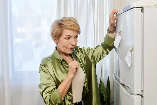 A beautiful senior woman with short hair contemplates by her refrigerator in a sunlit kitchen. — Stock Photo
