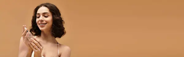 Bright smiles and beauty tips shine as a young woman enjoys her skincare routine in a studio, banner — Stock Photo