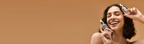 Young woman with braces shares her skincare routine and beauty products in a studio, banner — Stock Photo
