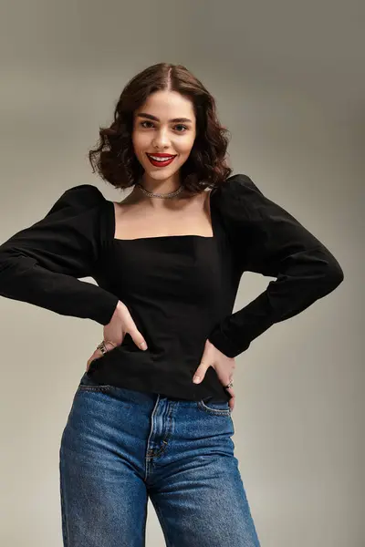 Bright-eyed young woman showcases her beauty with red lips and braces while posing gracefully. — Stock Photo