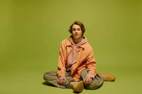 A stylish young man sits comfortably in fashionable attire, exuding a cool and trendy vibe. — Stock Photo