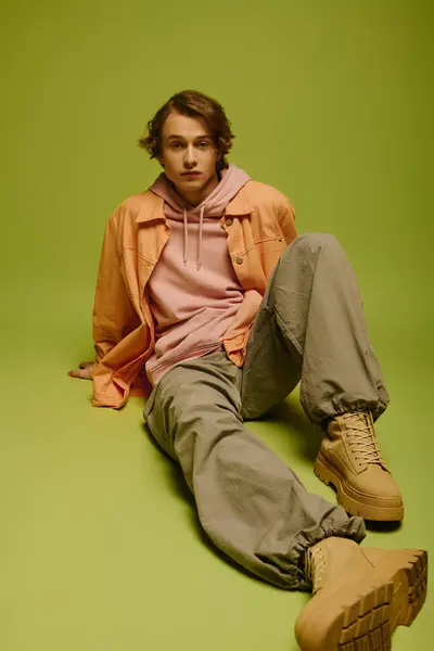 Youthful male model displays unique fashion choices in striking colors while lounging casually. — Stock Photo