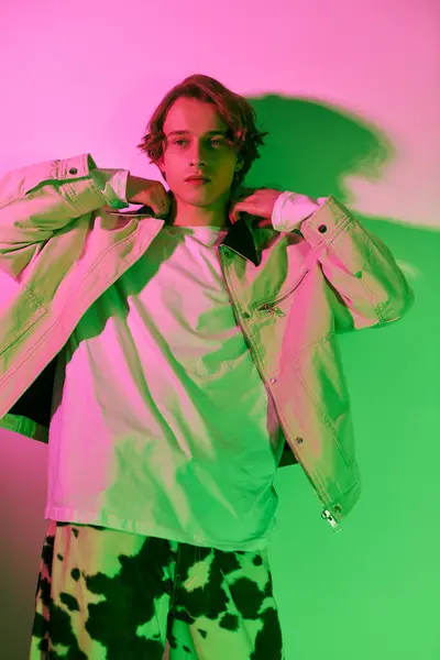Un jeune homme en tenue tendance pose avec confiance dans un contexte urbain coloré. — Photo de stock