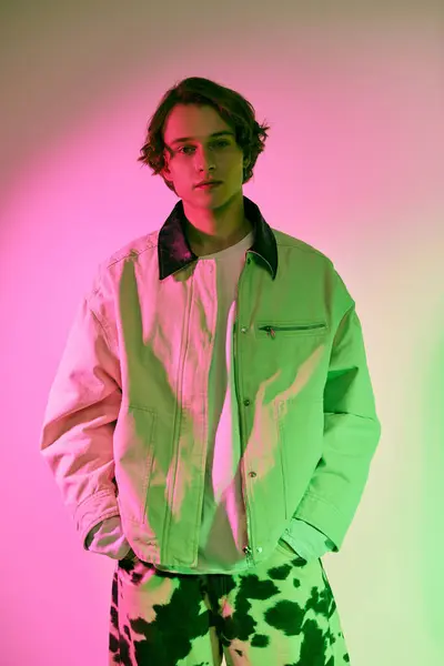 A young man confidently poses in trendy attire, illuminated by colorful lighting, exuding style. — Stock Photo