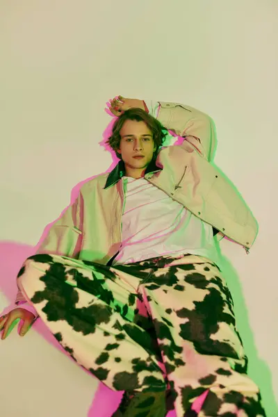 Fashionable young man poses creatively in stylish attire while vibrant colors surround him. — Stock Photo