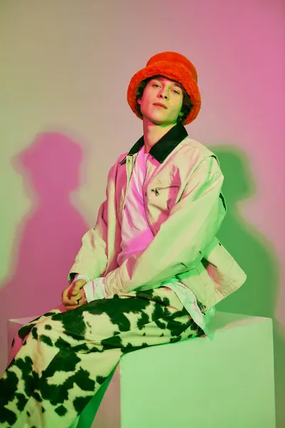 A stylish young man confidently poses on a platform, showcasing bold fashion. — Stock Photo