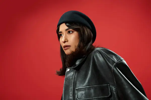 A young Asian woman displays bold style in a leather jacket and beret. — Stock Photo