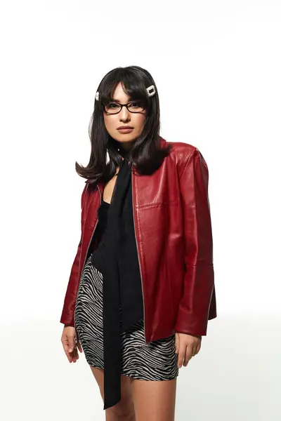 A young Asian woman showcases her trendy outfit with bold colors and unique accessories. — Stock Photo