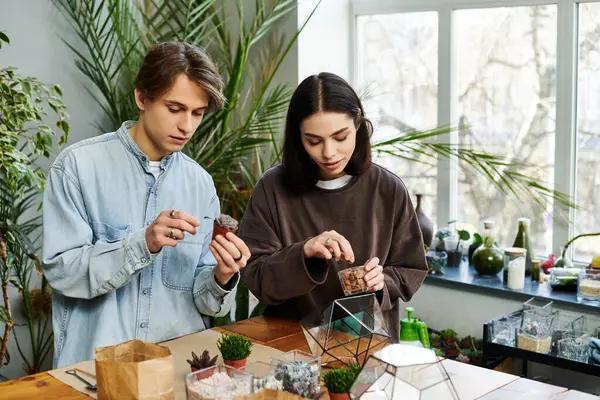 Young couple creatively assemble terrariums with plants in a bright art studio. — Stock Photo