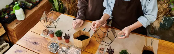 Young couple create terrariums together in a lively studio brimming with greenery. — Stock Photo