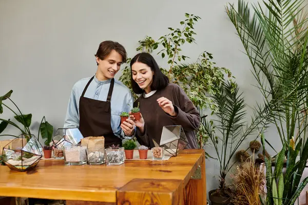 Pareja creativa organiza con entusiasmo plantas y decoraciones en un espacio de estudio de arte brillante y frondoso. - foto de stock