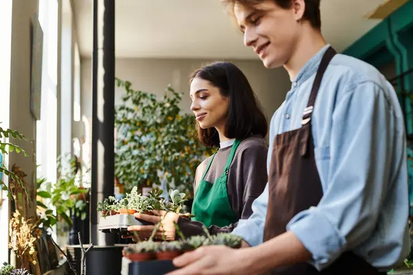 Creative couple nurture plants together in an inspiring art studio filled with natural light. — Stock Photo