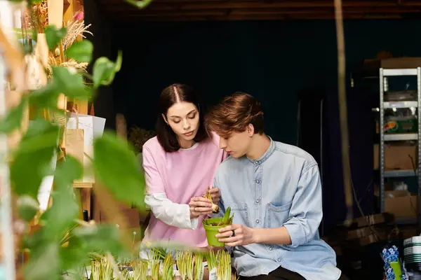 Creative couple nurture plants and exchange ideas during a creative project in their studio. — Stock Photo
