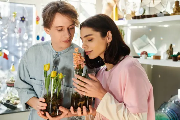 Casal criativo se envolver em um momento de criatividade, admirando arranjos florais em um estúdio vibrante. — Fotografia de Stock