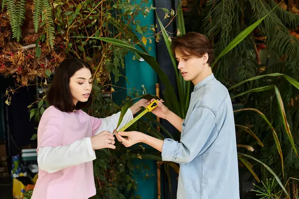 Two young artists measure plants in an art studio, surrounded by greenery and vibrant surroundings. — Stock Photo