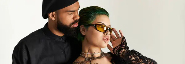 A young couple showcases their unique style and confidence while posing in sunglasses, banner — Stock Photo