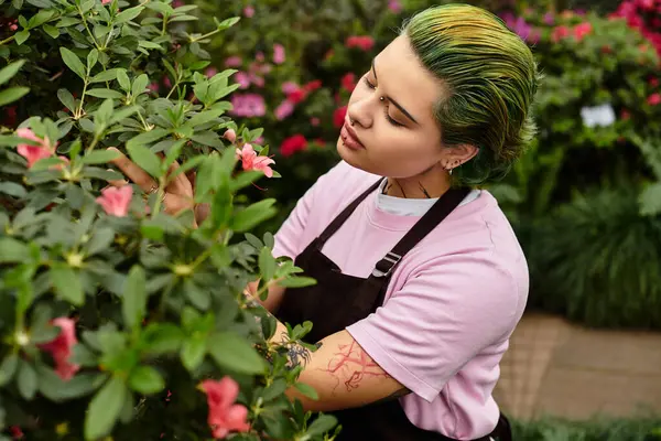 Las manos delicadas nutren las flores en un invernadero brillante, mostrando dedicación a la jardinería. - foto de stock