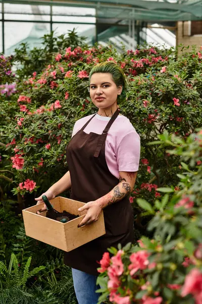 Woman tending colorful flowers in a greenhouse, holding a wooden box of tools. — Stock Photo