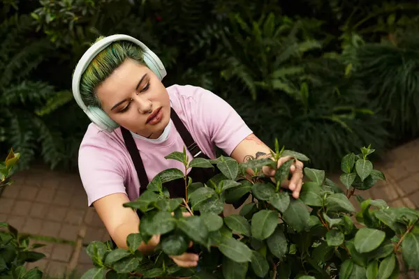 The young woman tends to her plants skillfully while wearing headphones. — Stock Photo