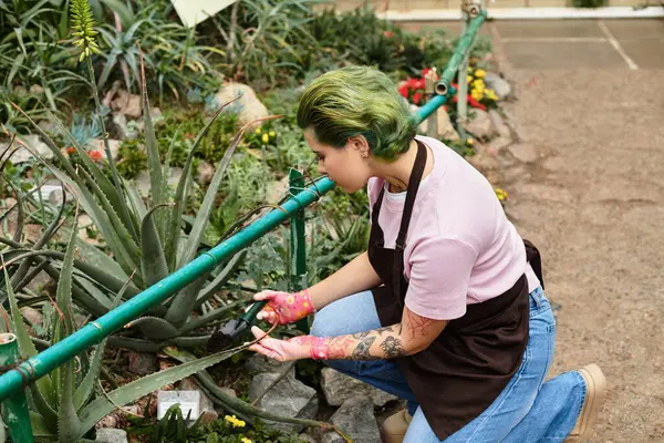 Una mujer joven tiende flores vibrantes en un exuberante invernadero lleno de plantas. - foto de stock