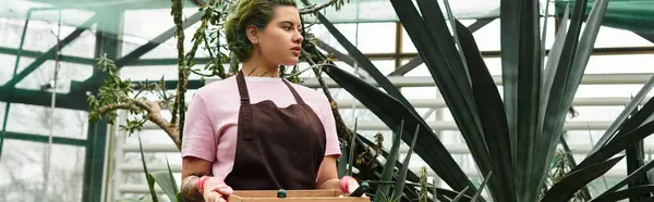 A young woman holds a wooden box in a lively greenhouse, tending to her plants with care. — Stock Photo