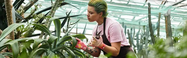 A young woman in casual clothes is nurturing plants in a thriving greenhouse. — Stock Photo
