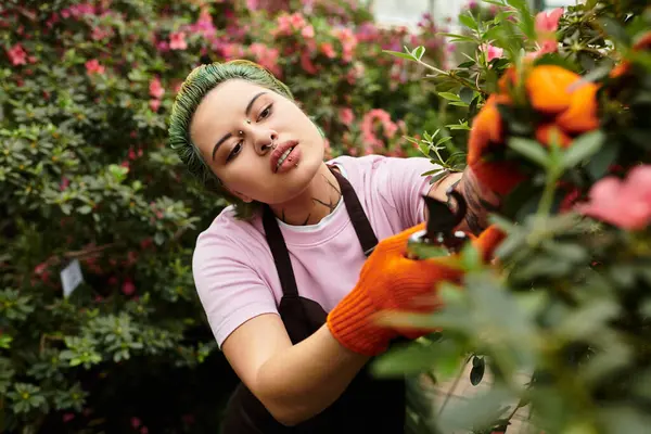 A young woman in a pink shirt prunes vibrant flowers amid lush greenery. — Stock Photo