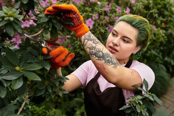 A young woman trims leaves and nurtures plants in a lush greenhouse, surrounded by colorful blooms. — Stock Photo