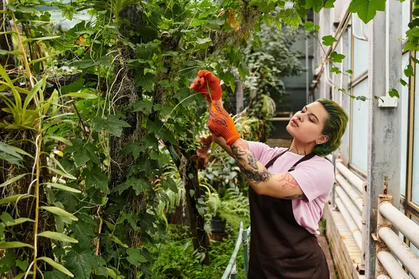 Focused on her tasks, a young woman works diligently in a lush greenhouse full of greenery. — Stock Photo