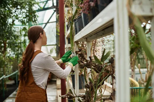 A young woman nurtures plants in a vibrant greenhouse, expressing her love for nature. — Stock Photo