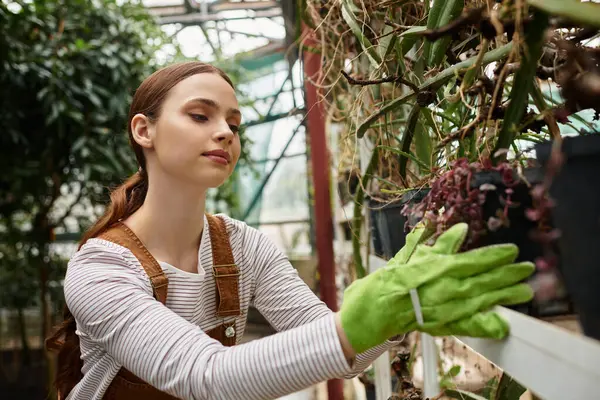 Young woman tends to plants in a greenhouse, nurturing growth and enjoying natures beauty. — Stock Photo