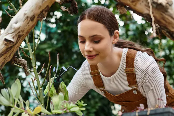 Una joven y hermosa mujer nutre cuidadosamente el verde vibrante en un animado invernadero, irradiando alegría. - foto de stock