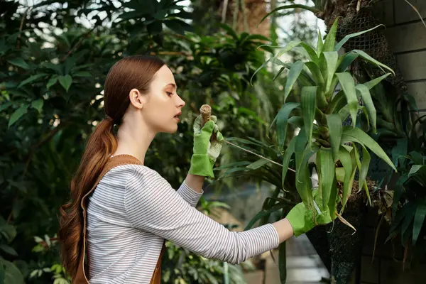 Mulher bonita examina de perto uma planta enquanto cercada por um próspero ecossistema de estufa. — Fotografia de Stock