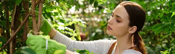 A young beautiful woman carefully nurtures plants in a lush greenhouse filled with greenery. — Stock Photo