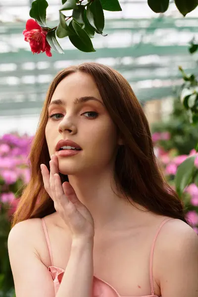 Amidst blooming flowers in a greenhouse, a young woman touches her face, exuding calm and elegance. — Stock Photo