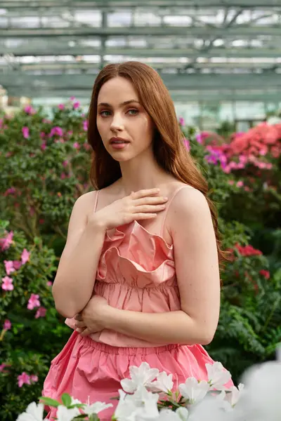 A young woman stands gracefully in a vibrant greenhouse, surrounded by cheerful blooms. — Stock Photo