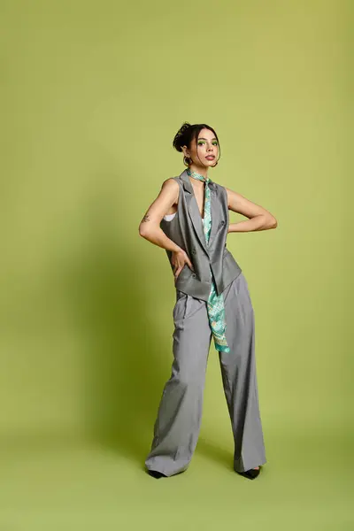 A beautiful young woman stands confidently in fashionable attire, radiating elegance and style. — Stock Photo