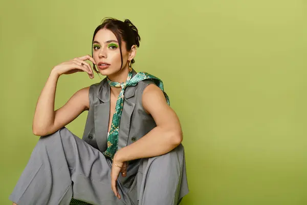 A chic young woman radiates charm against a lively green backdrop, flaunting her stylish outfit. — Stock Photo