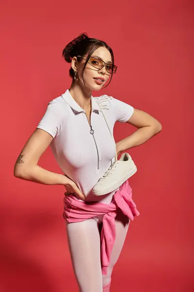 Uma jovem mulher bonita fica com uma pose lúdica, mostrando seu traje elegante e sapatos da moda. — Fotografia de Stock