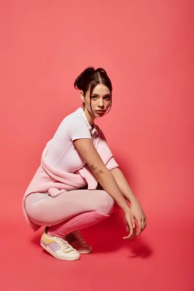 Una mujer en un traje ligero se agacha juguetonamente contra un telón de fondo rosa, exudando diversión. - foto de stock
