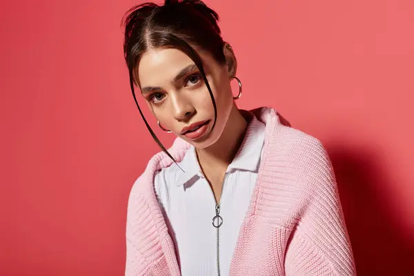 Dans un cadre cosy, une jeune femme présente son style dans un pull chic et pose confiante. — Photo de stock
