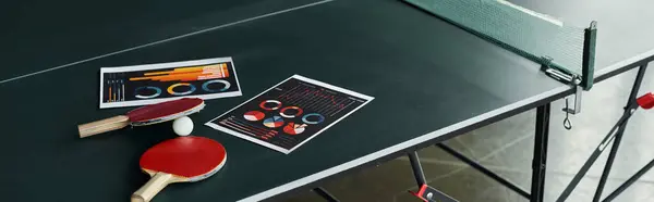 Two paddles and a ball rest on a smooth table, amid colorful charts of teamwork efforts. — Stock Photo